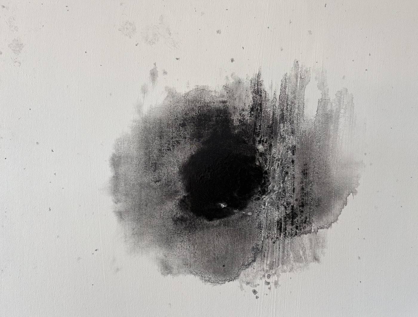 Quiet Storm, an abstract painting: a dark, smoky circle of black and grey spreading across a white canvas, streaked on its right side